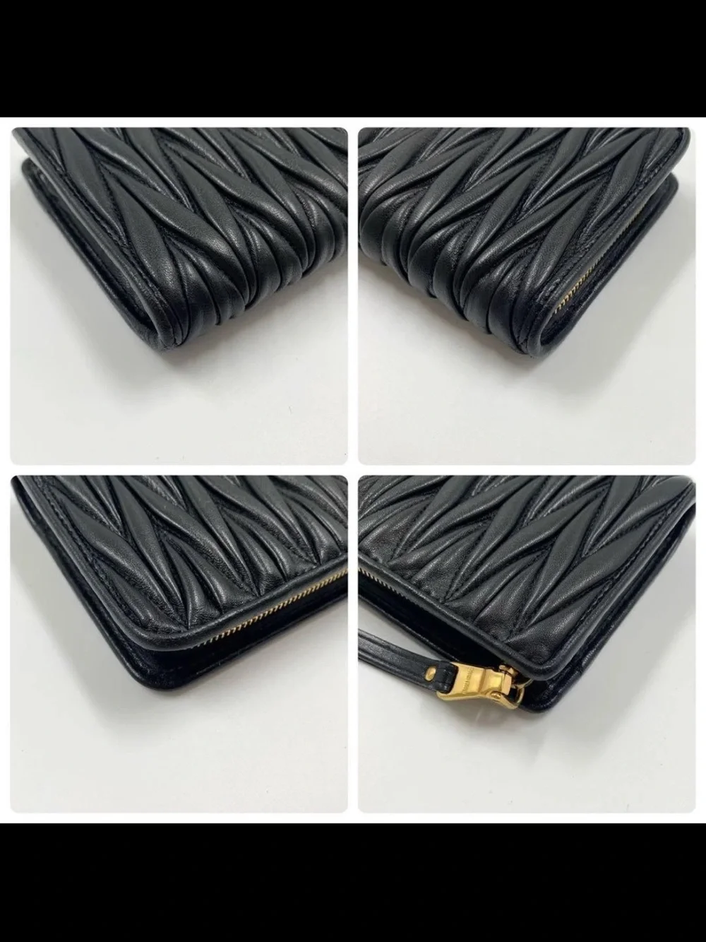 Miu Miu Black Quilted Matelassé Leather Zip Wallet with Gold Logo